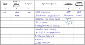 Вариант записи приказа поездного диспетчера в журнал диспетчерских распоряжений формы ДУ-58