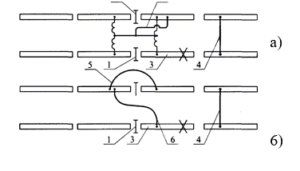 Рисунок 4 — Схемы установки временных перемычек при смене рельса в изолирующем стыке на электрифицированном участке с дроссель-трансформатором (а) и с косым тяговым джемпером (б)