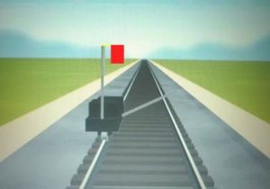 б) развернутый красный флаг на шесте Рисунок 5.140 – Обозначение сигналами дрезин съемного типа при нахождении на однопутном участке и при движении по неправильному железнодорожному пути на двухпутных участках в светлое время