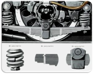 трещину в хомуте, рессорной подвеске или коренном листе рессоры, излом рессорного листа;