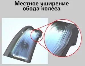 местное уширение обода колеса (раздавливание) более 5 мм;